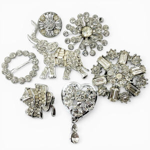 Vintage Rhinestone Jewelry Lot, Brooches Buckle Button, 1930s 40s 50s 60s